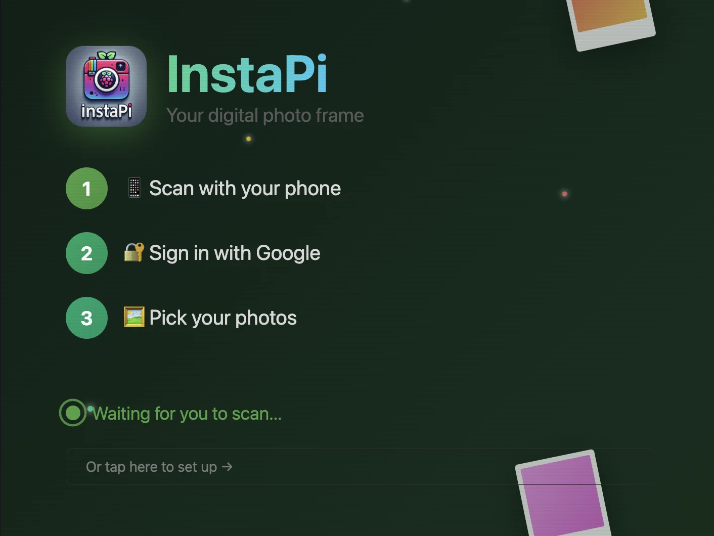 The frame's first-boot screen: 'Scan with your phone, Sign in with Google, Pick your photos.' (Cropped from the right half of the asset. The left half is blank in the source file.)