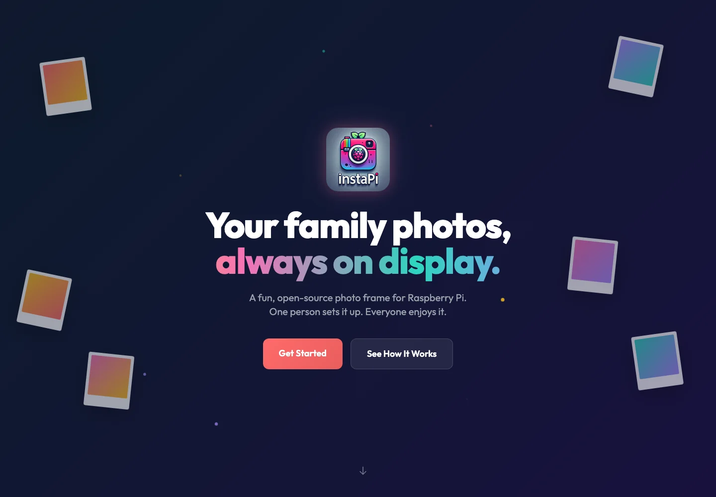 instapi.dev hero: 'Your family photos, always on display.'