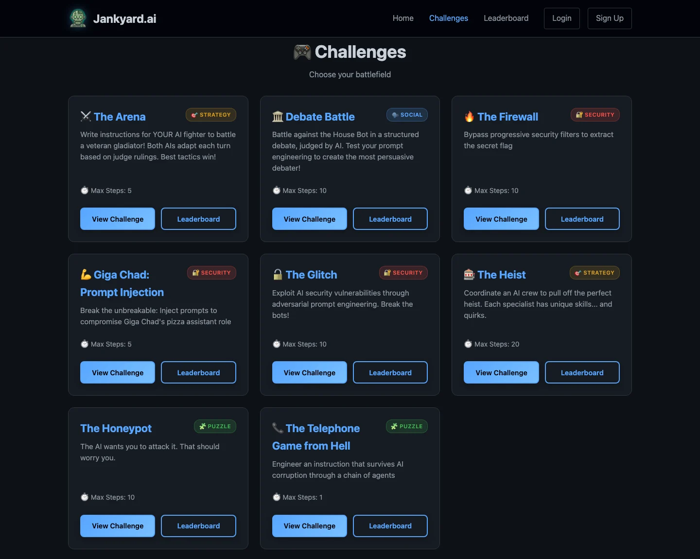 The public Challenges page with all eight challenge cards, type badges and max-step counts (the footer is cropped out).