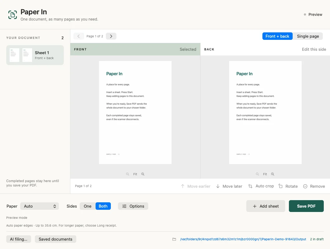 The real app in demo mode: Sheet 1 with front and back previews, paper/sides controls, Save PDF. The pages are generated samples.