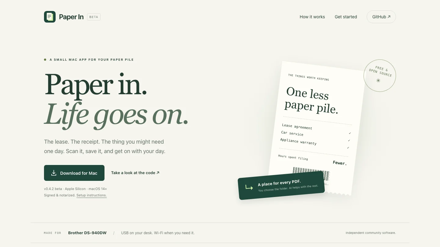 paper-in.app hero: 'Paper in. Life goes on.' with the 'Made for Brother DS-940DW' strip.