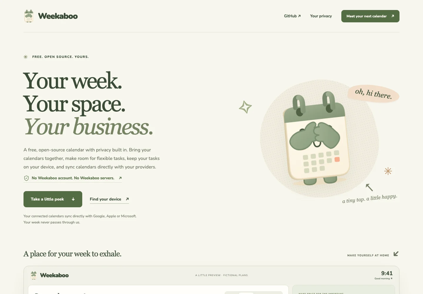 The weekaboo.app hero: 'Your week. Your space. Your business.' with the peekaboo mascot.