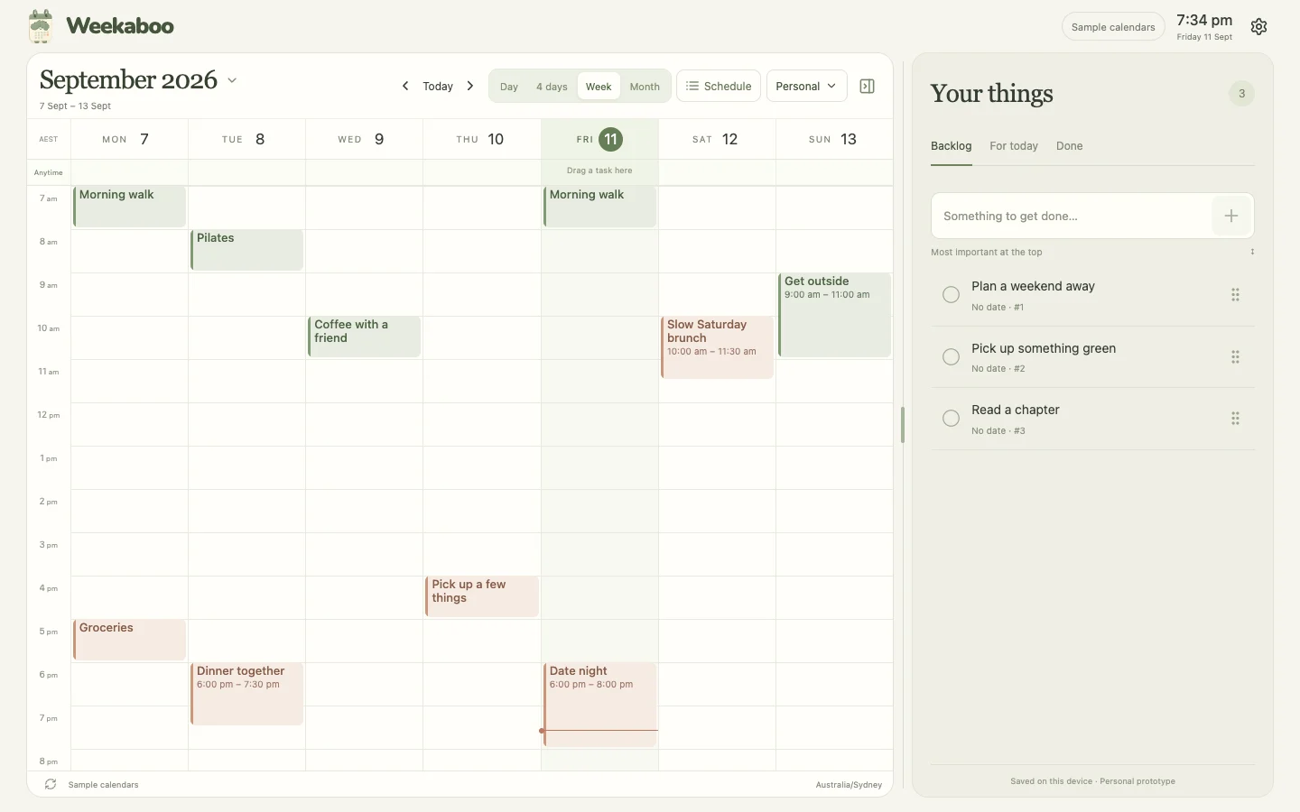 The real app's week view with built-in fictional sample calendars and the 'Your things' task backlog (three undated tasks).